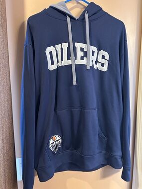 NHL Navy and Light Gray Oilers Pullover Hoodie